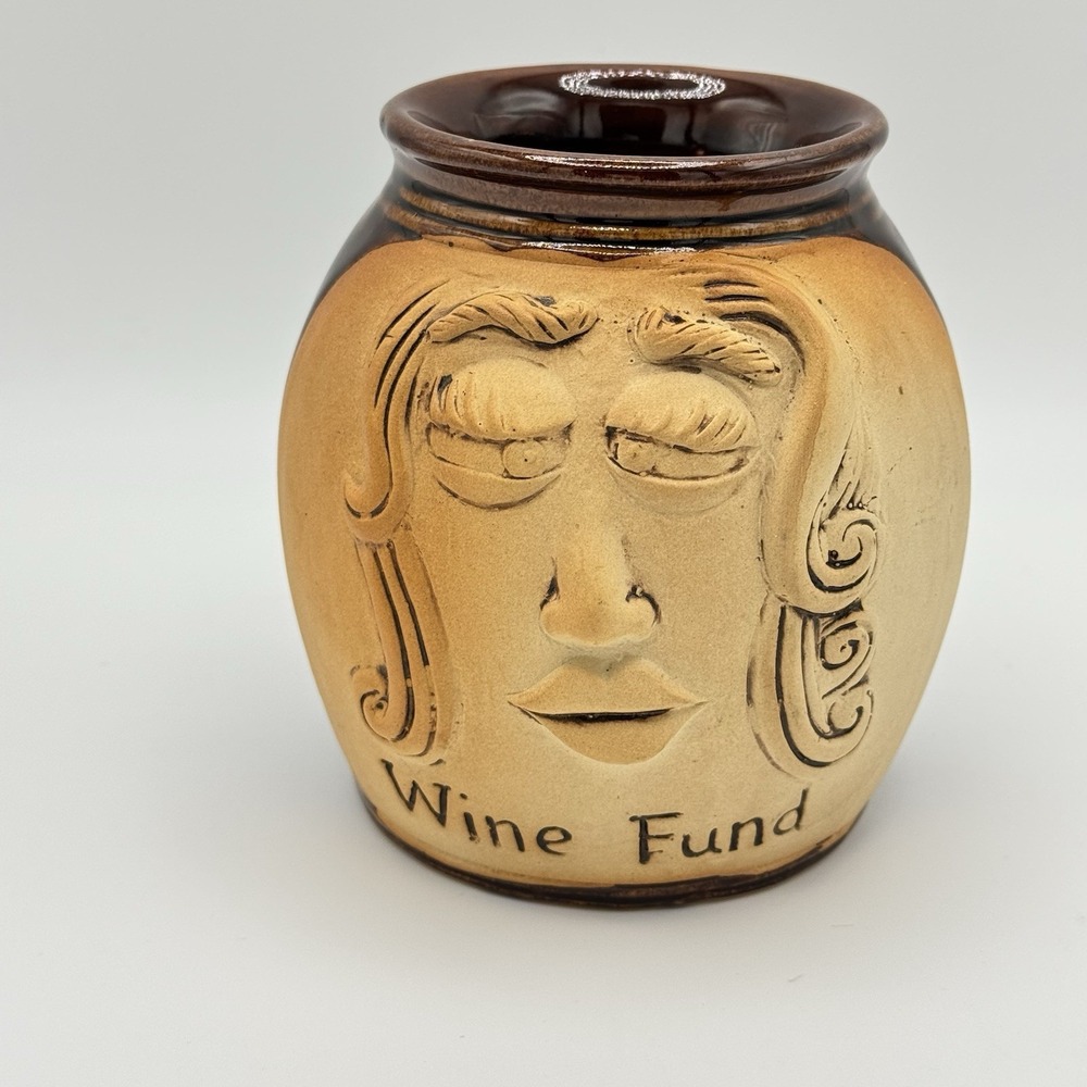 Vintage Pottery Wine‎ Fund Coin Bank Sculpted Face Brown Stoneware Jar